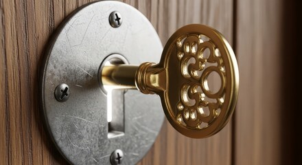 Vintage brass door handle with ornate design on wooden door close up view home interior detail with silver plate and screws