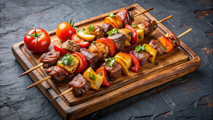 Anticuchos Skewers with Colorful Vegetables on Wooden Board for Food Blogs, Grilling Websites, Culinary Content, and Recipe Articles