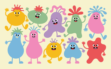 Naklejka premium Vibrant cartoon characters dancing and playing together in a lively scene from a top-down viewpoint