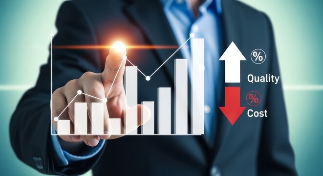 Businessman analyzing rising quality and decreasing cost graph for efficiency optimization in corporate strategy
