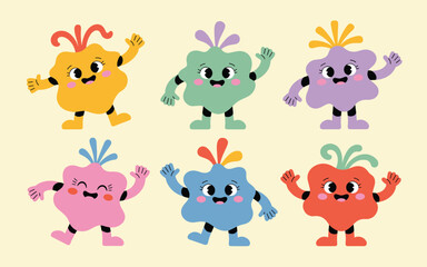 Naklejka premium Vibrant cartoon characters dancing and having fun together in a playful scene viewed from directly above.