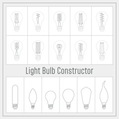 Minimalist grayscale technical poster titled &ldquo;Light Bulb Constructor,&rdquo; presenting interchangeable bulb envelopes and filament designs in a clean schematic grid.