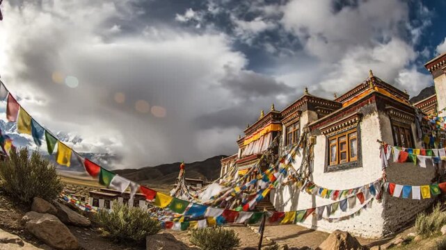 Scenic fisheye view of a Tibetan Buddhist monastery adorned with colorful prayer flags under a dramatic sky