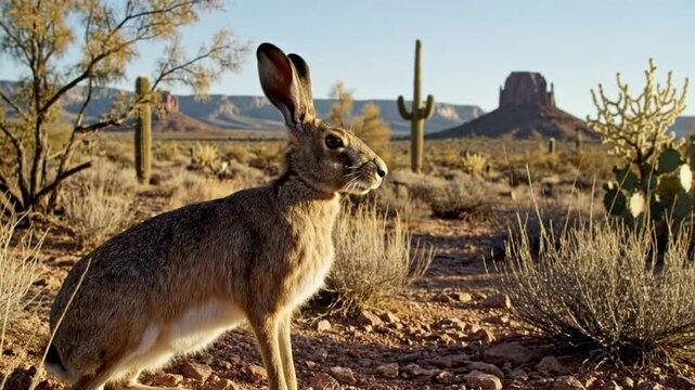 Desert jackrabbit looks around then quickly hops away near iconic monument landscape scene