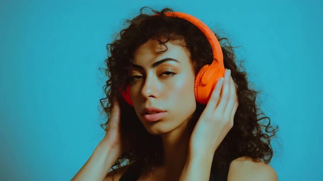 a young curly-haired woman listening to music with bright orange headphones against a plain blue background, casual fashion, street style, black man, young adult, audio entertainment, urban background