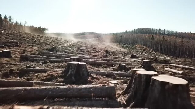 Drone view of clearcut deforestation destroying a forest and the environment impacting timber industry