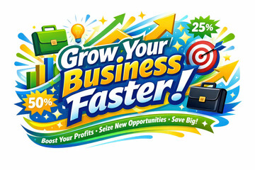 Naklejka premium Colorful business growth illustration with briefcases, target, arrows, bars, and percentage symbols.