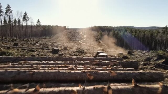 Drone perspective of massive deforestation with logged trees, stumps, and a winding dirt road in the forest during daytime