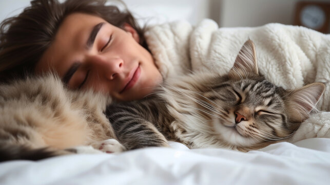 A young brunette guy sleeps in a cozy bed next to a fluffy cat