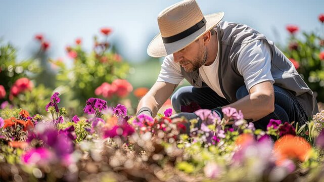 Gardener Tending Vibrant Petunias in Sunny Garden Bed