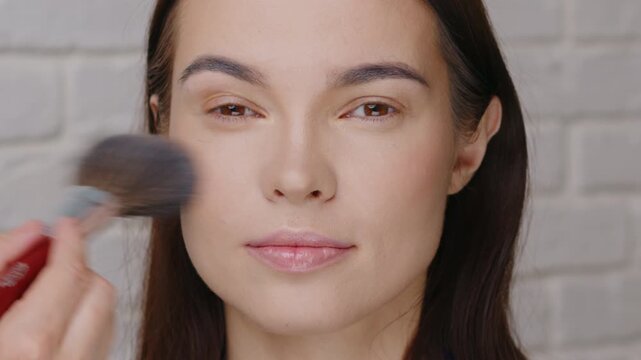 Professional Makeup Artist Using Large Fluffy Brush to Remove Excess Powder from Model Face, Beauty Salon Finishing Touch, Skincare Routine in Studio