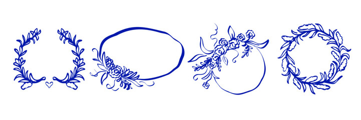 Obraz premium Hand drawn floral frame set with wreaths and decorative botanical borders. Elegant doodle style flower and leaf frames. Vector illustration.