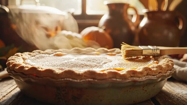 Delicious pumpkin pie steaming on a rustic wooden table with cooking utensils and vintage kitchenware for a warm autumn vibe.