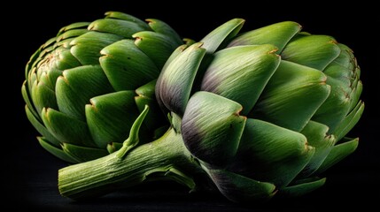 Obraz premium Close-up of fresh green artichokes on dark background.