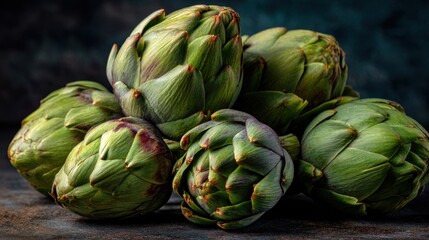 Obraz premium Fresh green artichokes piled on rustic dark surface.