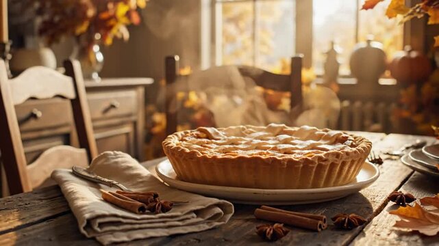 Cozy Autumn Scene with Freshly Baked Apple Pie on a Wooden Table Set for a Festive Gathering