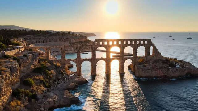 Ancient Roman aqueduct bridge in Tipasa Algeria at sunrise with reflections on the water