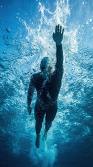 Fototapeta premium A triathlete in a wetsuit swims front crawl surrounded by bubbles. Conceptual image of leadership, resilience and forward progress suitable for business and sports themes.