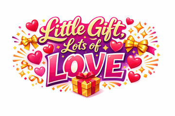 Fototapeta premium Colorful design with hearts, ribbons, gift box, and text in bold, playful font.