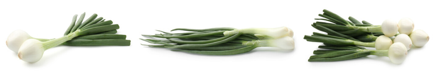Obraz premium Fresh green onions isolated on white, set. Spring vegetable