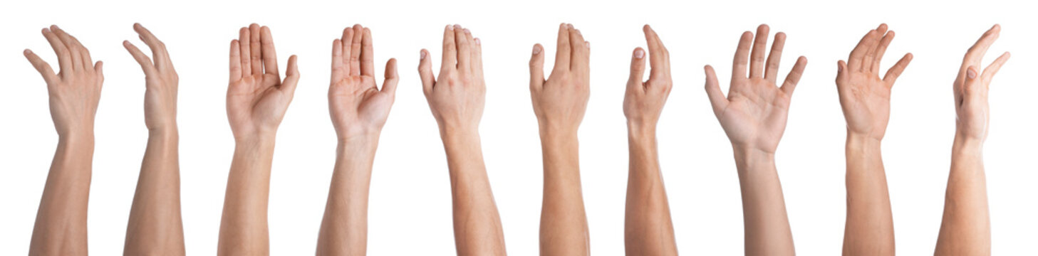 Men showing hands from different sides on white background, closeup. Collage