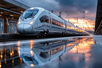 Fototapeta premium Modern High Speed Train at Station Sunset Reflection