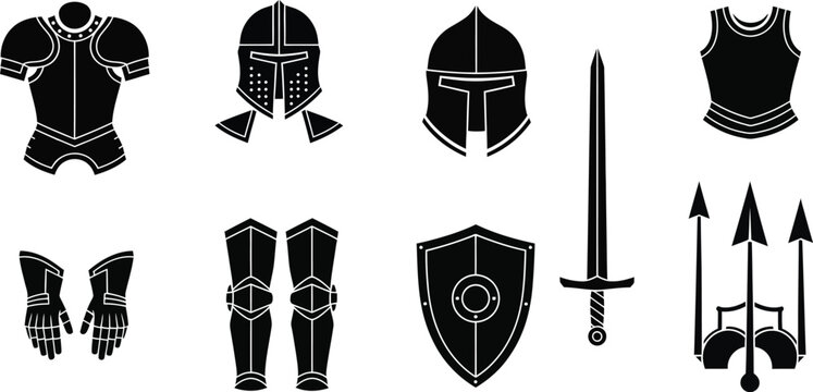 Historic Defense Gear Illustrated in Monochrome. Medieval Armor and Weaponry Set for Reference and Creative Design. Ancient Combat Concept