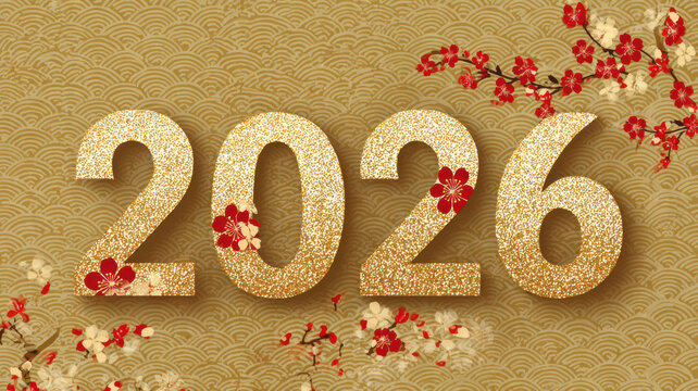 Chinese traditional lunar new year Spring Festival celebration in Asia. A festive New Years Eve celebration with a golden number 26 adorned with red cherry blossoms against a golden background.