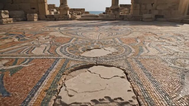 Ancient ruins with a beautiful mosaic floor and a view of the sea from a historic building.