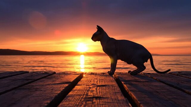 serene sphinx cat silhouette on a wooden dock watching the sunset over calm water with golden light