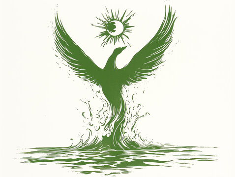 Nowruz phoenix and moon linocut. Nowruz linocut style illustration of phoenix bird with moon symbol, green monochrome. Spring equinox greeting card artwork.
