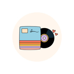 Retro groovy music vinyl box sticker in flat colorful style. Package with seal, circle label, heart accent and y2k lid for trendy retro product. Fun element and pop tag for modern aesthetic usage.