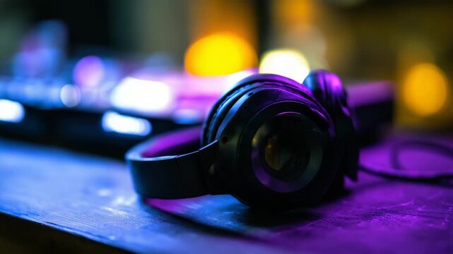 dj headphones, professional audio gear, studio surface, art music background, colorful light flares