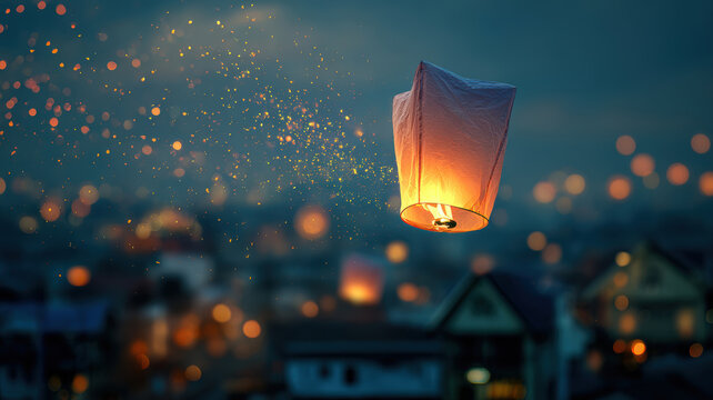 Chinese traditional lunar new year Spring Festival celebration in Asia. A vibrant sky illuminated by a paper lantern floating in the air, casting a warm.