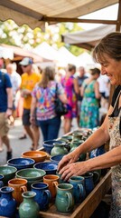 Smiling artisan arranges handmade ceramics at outdoor market stall. Scene embodies women entrepreneurship, sustainable craft, and community engagement for small business concepts.