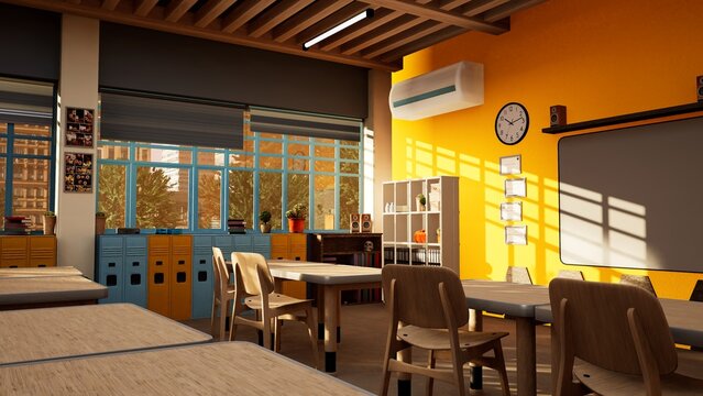 Sunlit high school classroom with vacant seats waiting for focused study student activities to begin. Empty academic building interior with clean whiteboard used for daily lessons