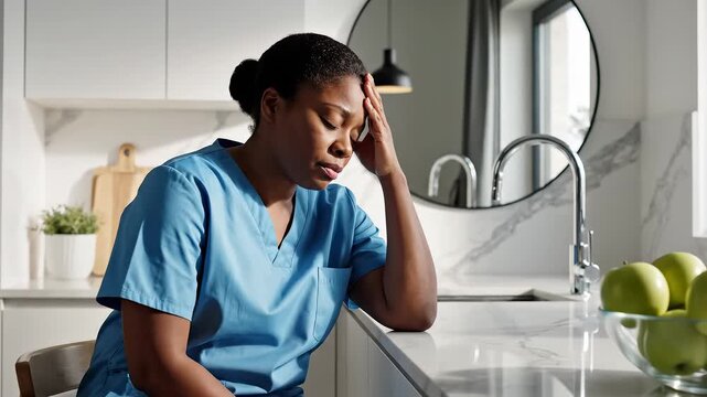 Woman in blue scrubs resting head in kitchen