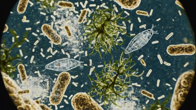 Microscopic view of copepods, bacteria, and algae under a microscope, showing detailed aquatic life forms.