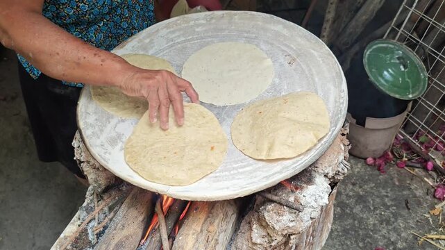 White corn tortillas cooking on a traditional clay griddle over a wood fire, top view.
