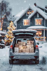Fototapeta premium Vacation travel trip journey in holiday season. A car parked in the snow with presents in its trunk, surrounded by a festive Christmas tree adorned with lights, a house with windows.