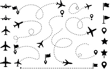 Airplane Flight Routes And Travel Paths Set With Dashed Lines Map Pins And Navigation Icons Vector Illustration on transparent background © gerik_a