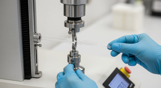 Testing plastic strip in polymer QC process using tensile tester to evaluate strength and break point