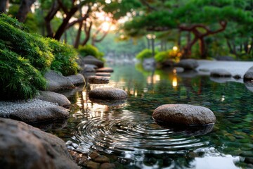 Tranquil Japanese Garden with Stepping Stones and Ripples