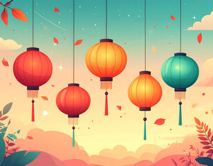 Vibrant hanging lanterns in sunset sky.