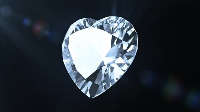 Heart-shaped diamond rotating against a dark background, sparkling gemstone for jewelry or love.