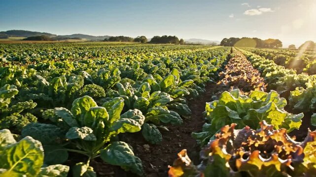 Lush green and red leaf lettuces growing in rows on a vibrant farm field under bright sunlight