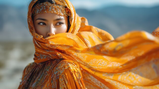 Middle Asian woman wearing vibrant wavy dress, veil catching the wind, open clean face, desert mountains background
