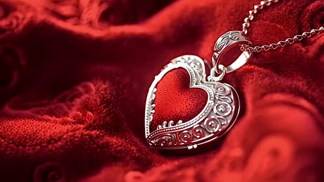 Exquisite silver heart shaped locket with intricate detailing resting on a luxurious, plush red velvet fabric. This romantic piece of jewelry symbolizes love, passion, and cherished memories