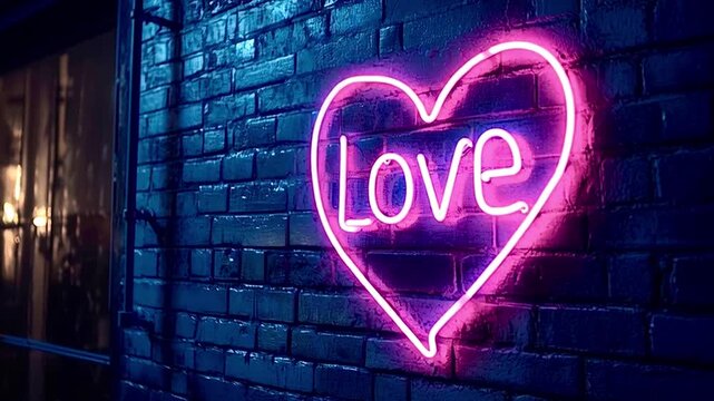 Pink neon love heart sign flickering on a wet brick wall at night