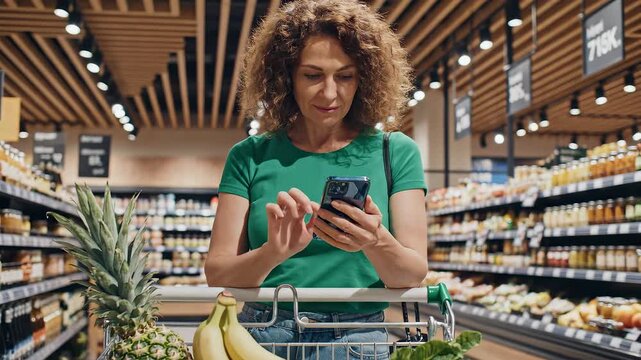 Woman shopping in grocery store using phone
